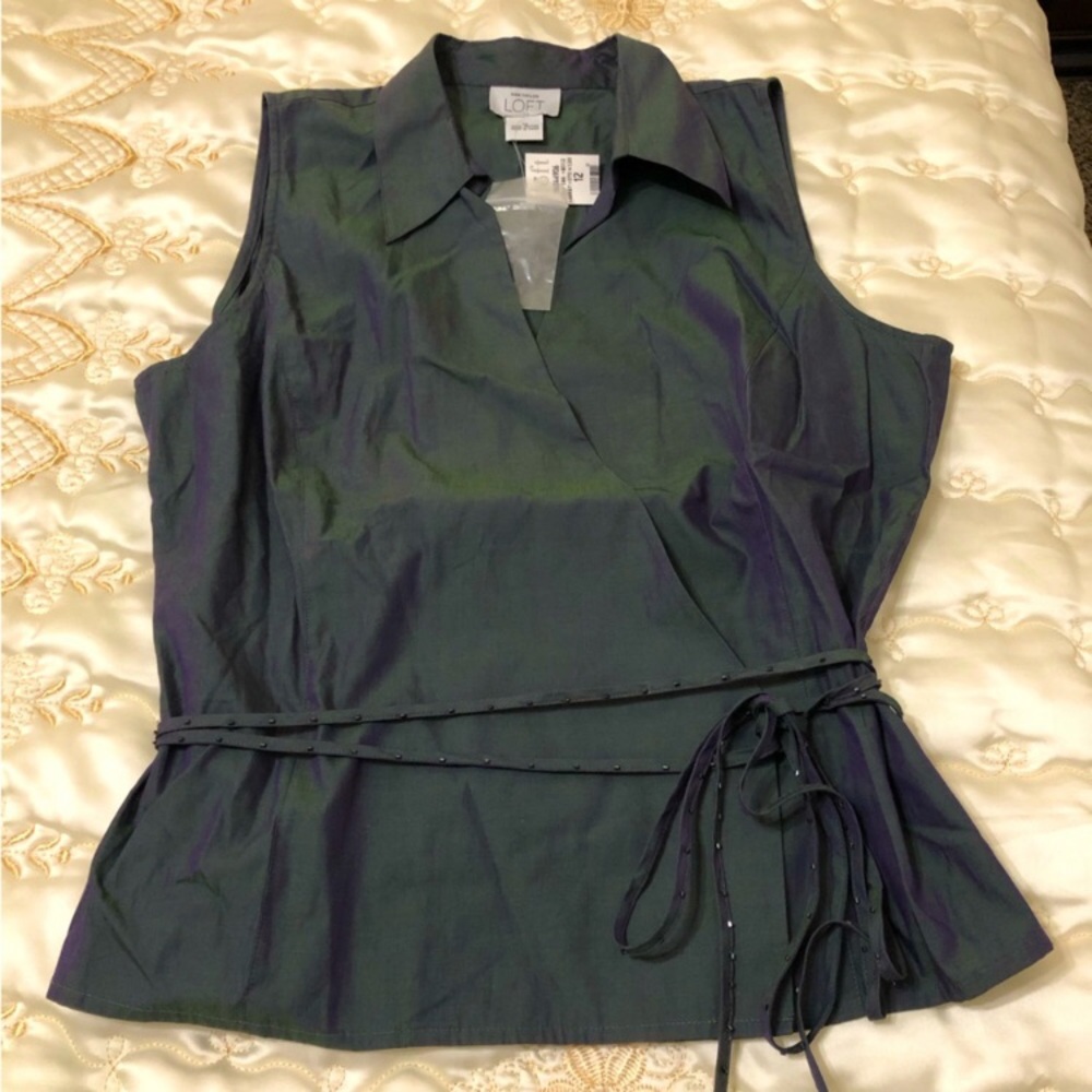 LOFT Ann Taylor Cotton Iridescent Sleeveless Wrap Around Blouse Collared Shirt
